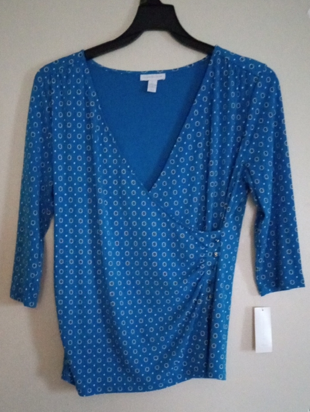 NWT Charter Club Blue Geometric Faux Wrap Surplice Three Quarter Sleeve Size L